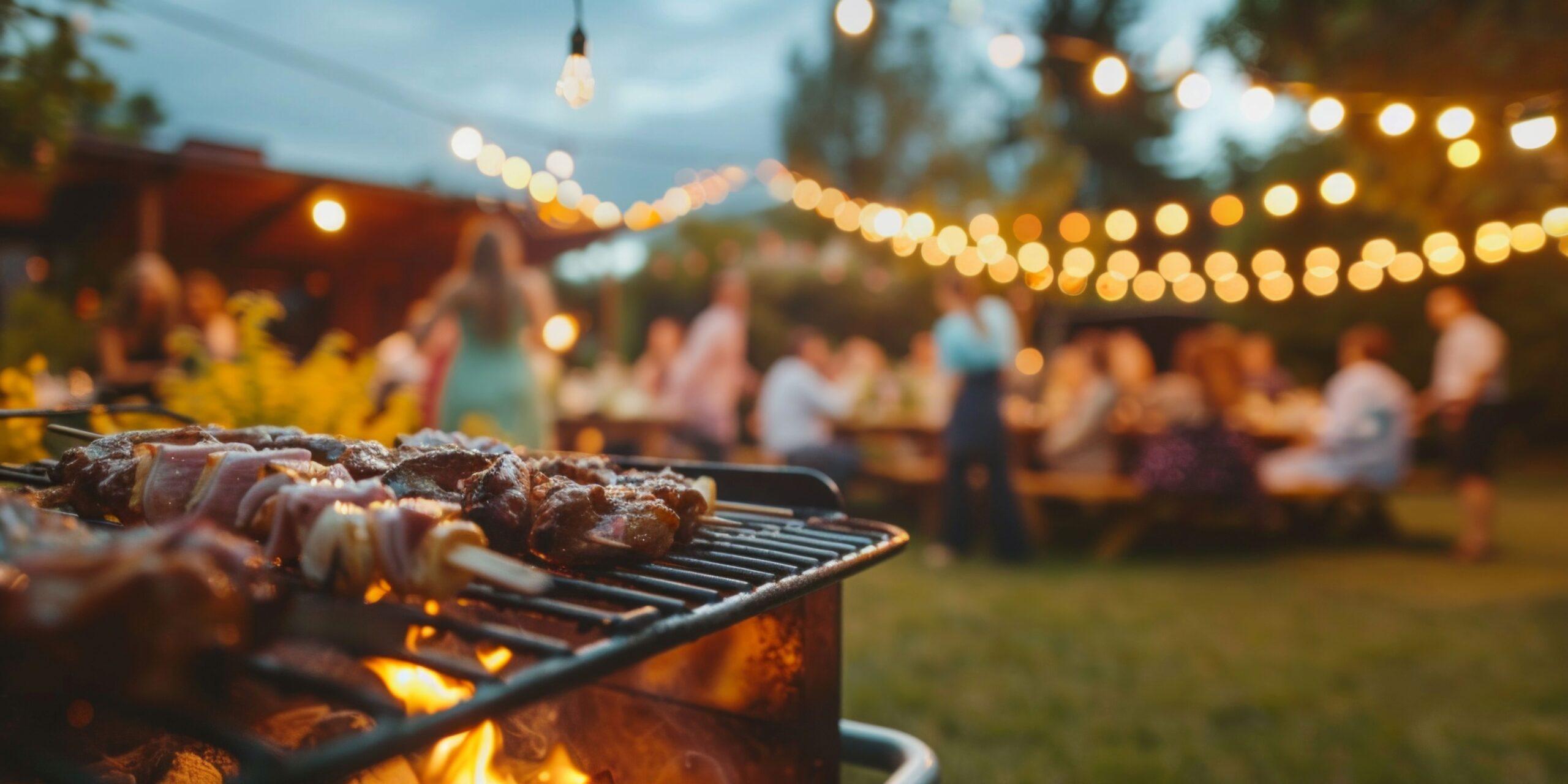 Freunde treffen sich in der Abenddämmerung zu einer gemütlichen Grillparty im Hinterhof unter Lichterketten.