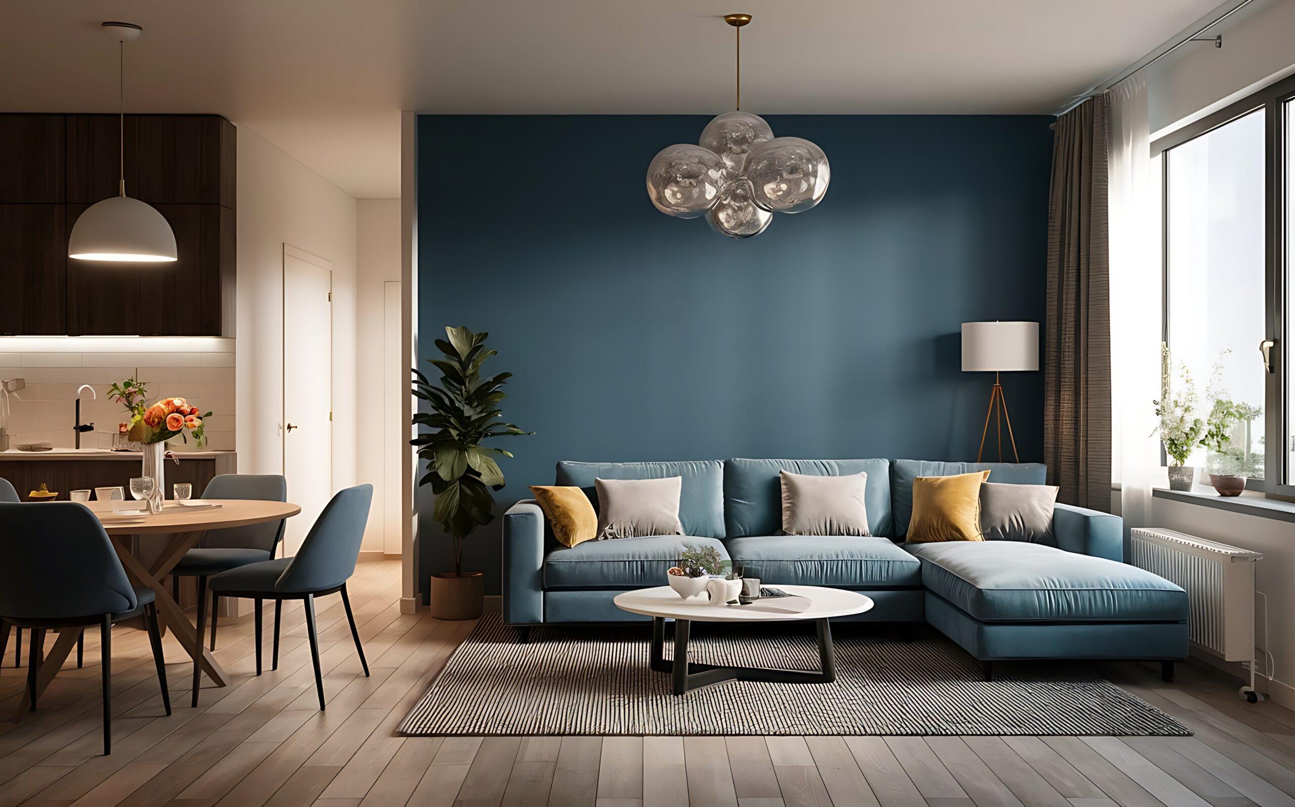 Modernes Wohnzimmer mit blauer Couch und offener Küche