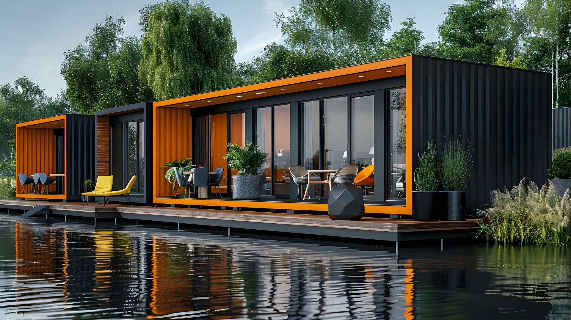 Moderne modulare Häuser, die aus Schiffscontainern gefertigt wurden, stehen direkt am Wasser und sind von üppiger Vegetation umgeben. Die Container sind in stilvollem Schwarz und leuchtendem Orange gehalten, mit großen Glasfronten, die den Blick auf die Natur freigeben. Auf den Terrassen befinden sich gemütliche Sitzmöbel und Pflanzen, die einladende Outdoor-Bereiche schaffen. Die ruhige Wasseroberfläche reflektiert die Architektur und verleiht der Szene eine harmonische und entspannende Atmosphäre.