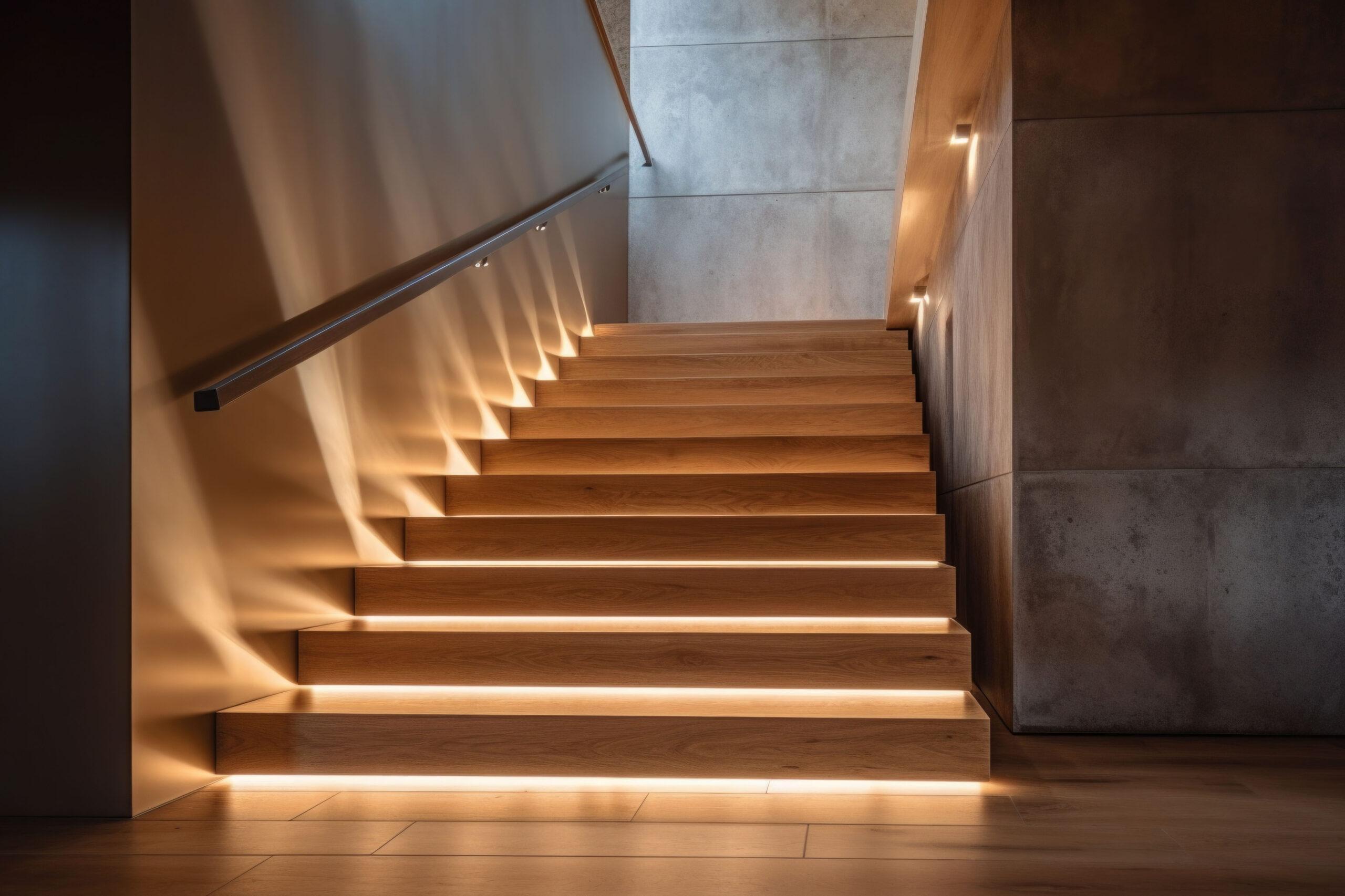 Hochwertige Holztreppe in einem modernen Haus in Hamburg mit LED-Beleuchtung an den Stufenkanten.