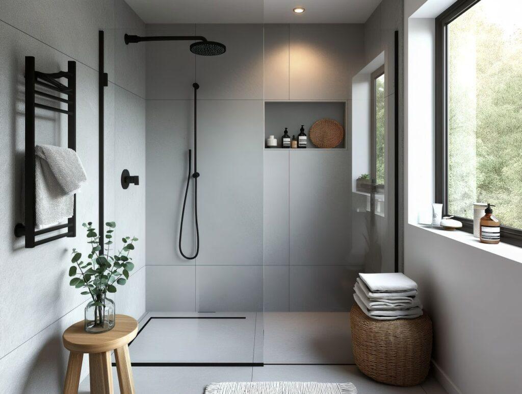 Helle Walk-In-Dusche mit fugenloser Rückwand, schwarzer Armatur und moderner Einrichtung