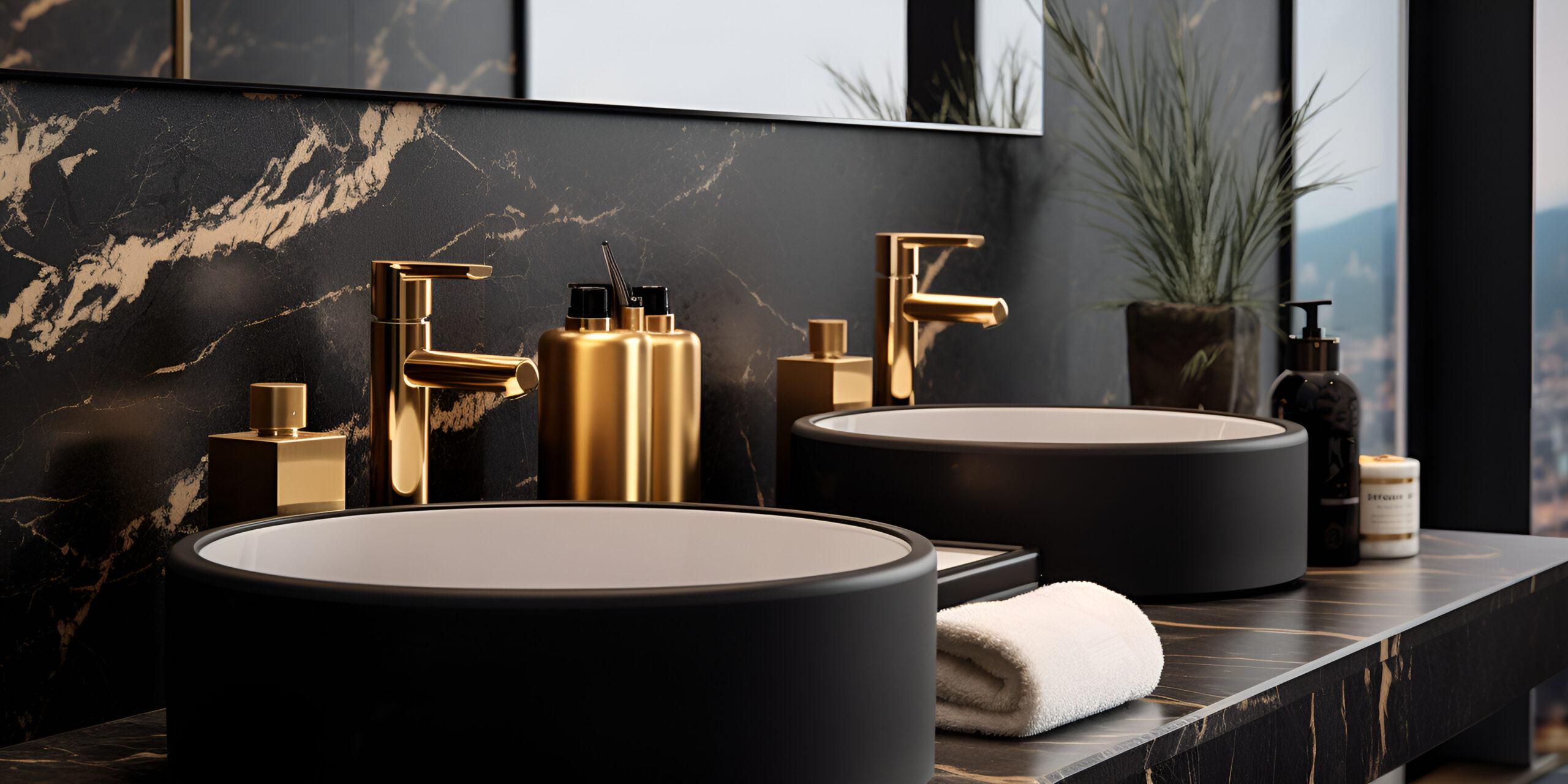 Schwarzer Waschtisch mit goldenen Armaturen und Marmor-Rückwand Dusche – modernes, luxuriöses Design