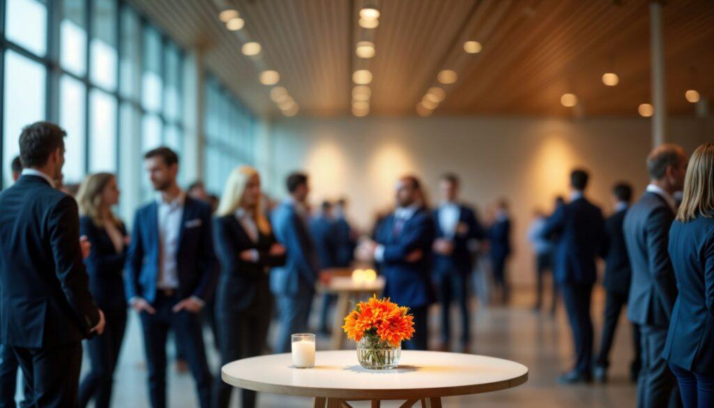 Moderner Stehtisch mit Blumen und Kerze im Vordergrund, im Hintergrund Menschen auf einem Networking-Event