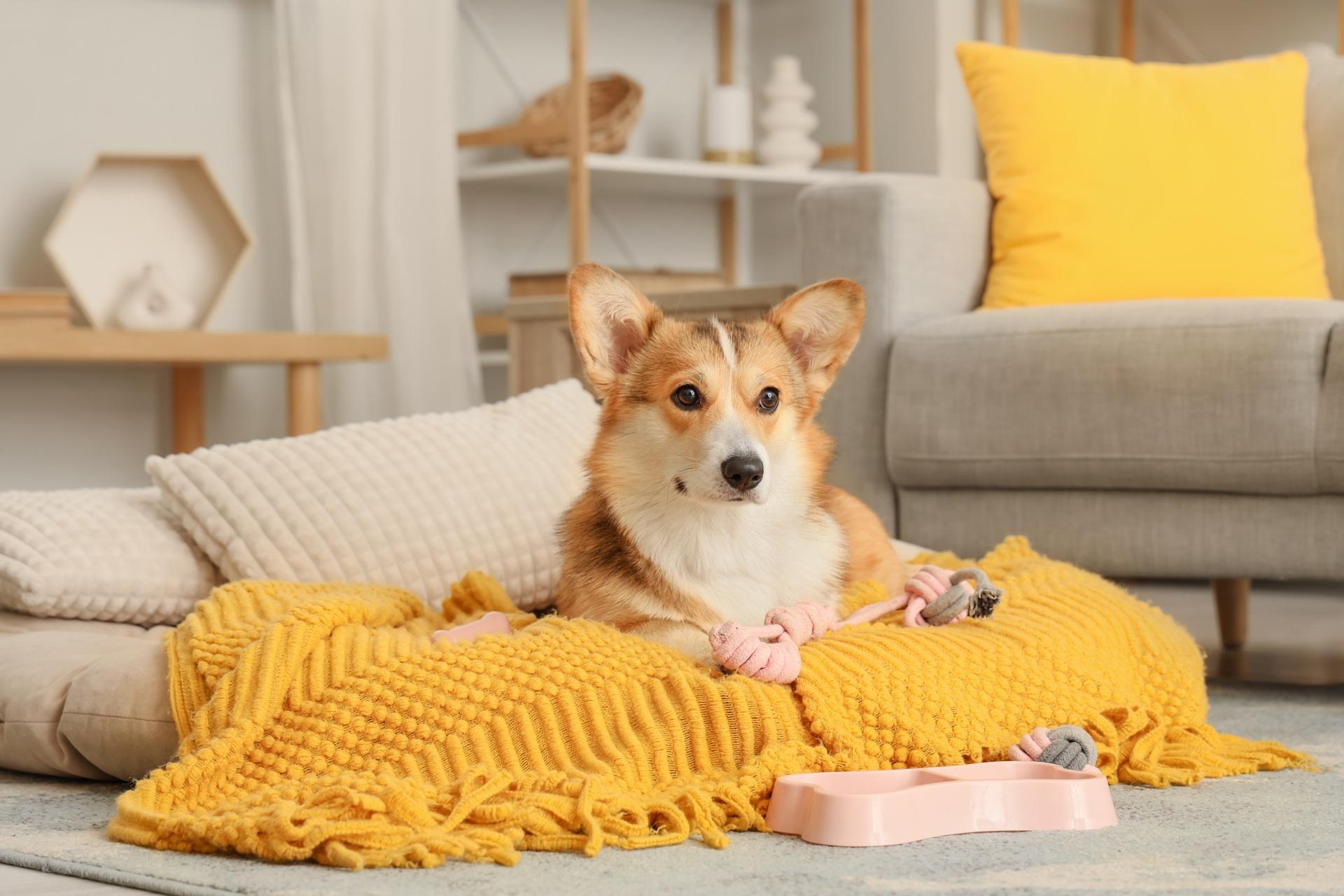 Corgi liegt auf gelber Decke | Welpenfutter

