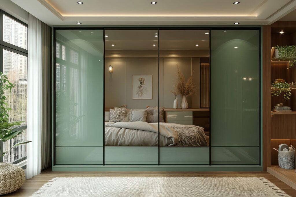 Modernes Schlafzimmer mit großem Kleiderschrank mit grün getönten Spiegelschiebetüren, gemütlichem Bett und stilvoller, natürlicher Dekoration.