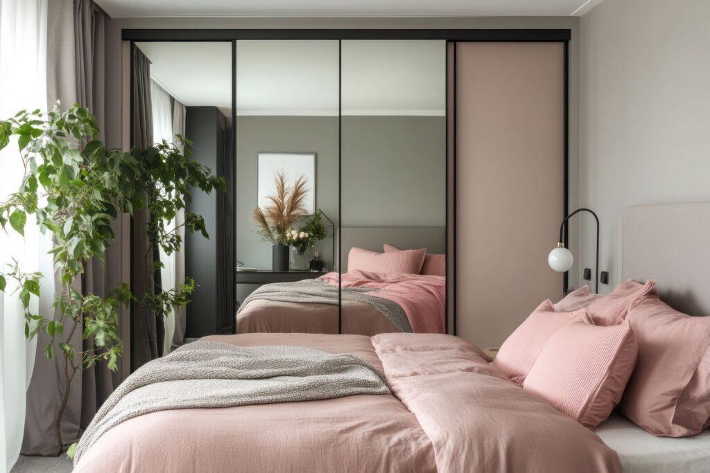 Modern eingerichtetes Schlafzimmer mit rosa Bettwäsche, großem Kleiderschrank mit Spiegelschiebetüren und Zimmerpflanze am Fenster.