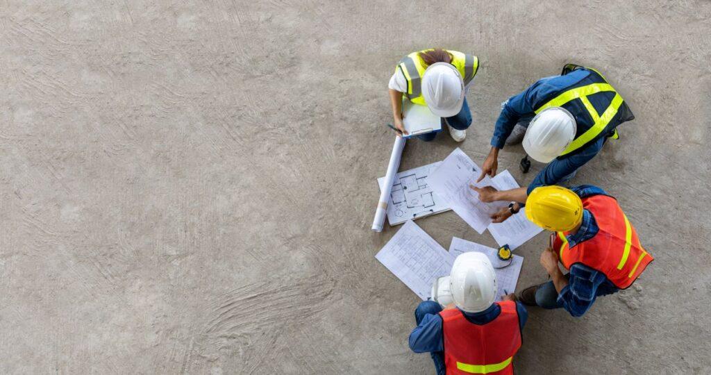 Vier Bauleiter besprechen Erdarbeiten auf der Baustelle mit Bauplaenen – fruehe Planung entscheidend fuer Tiefloeffel-Einsatz