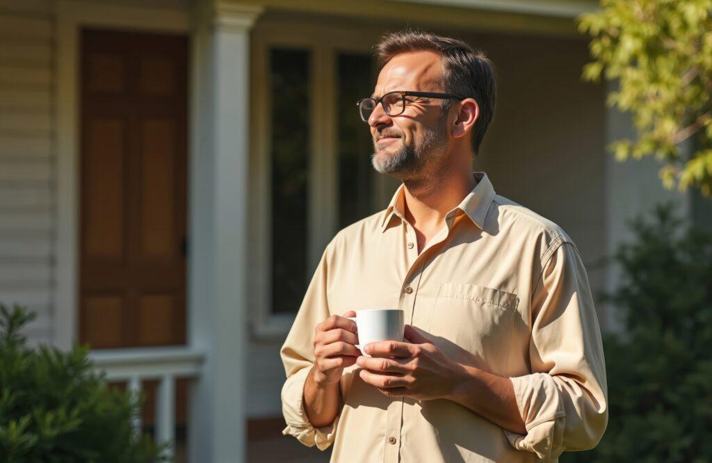 Mann geniesst Morgenkaffee im Garten | Enthärtungsanlage
