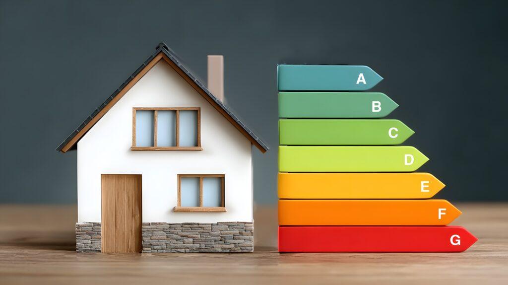Hausmodell mit Energieeffizienzskala in Farbstufen | Gründach